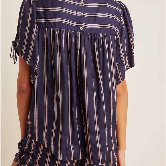 By Anthropologie Navy & Metallic Striped Tie Short Sleeve Peasant Blouse Top - Picture 5 of 15